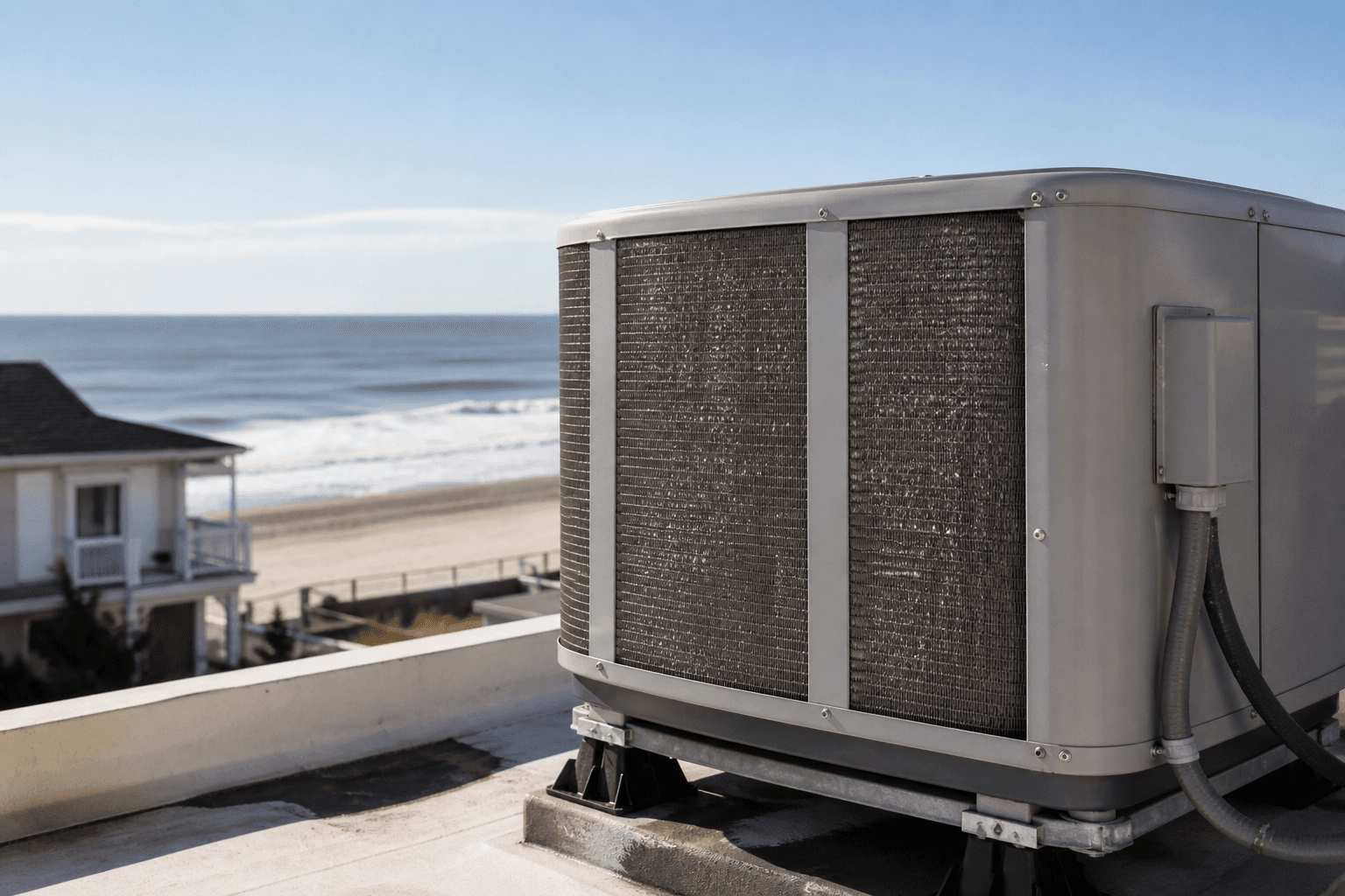 Outdoor AC condenser on an elevated coastal home with the Atlantic Ocean visible behind Margate-style beach blocks.
