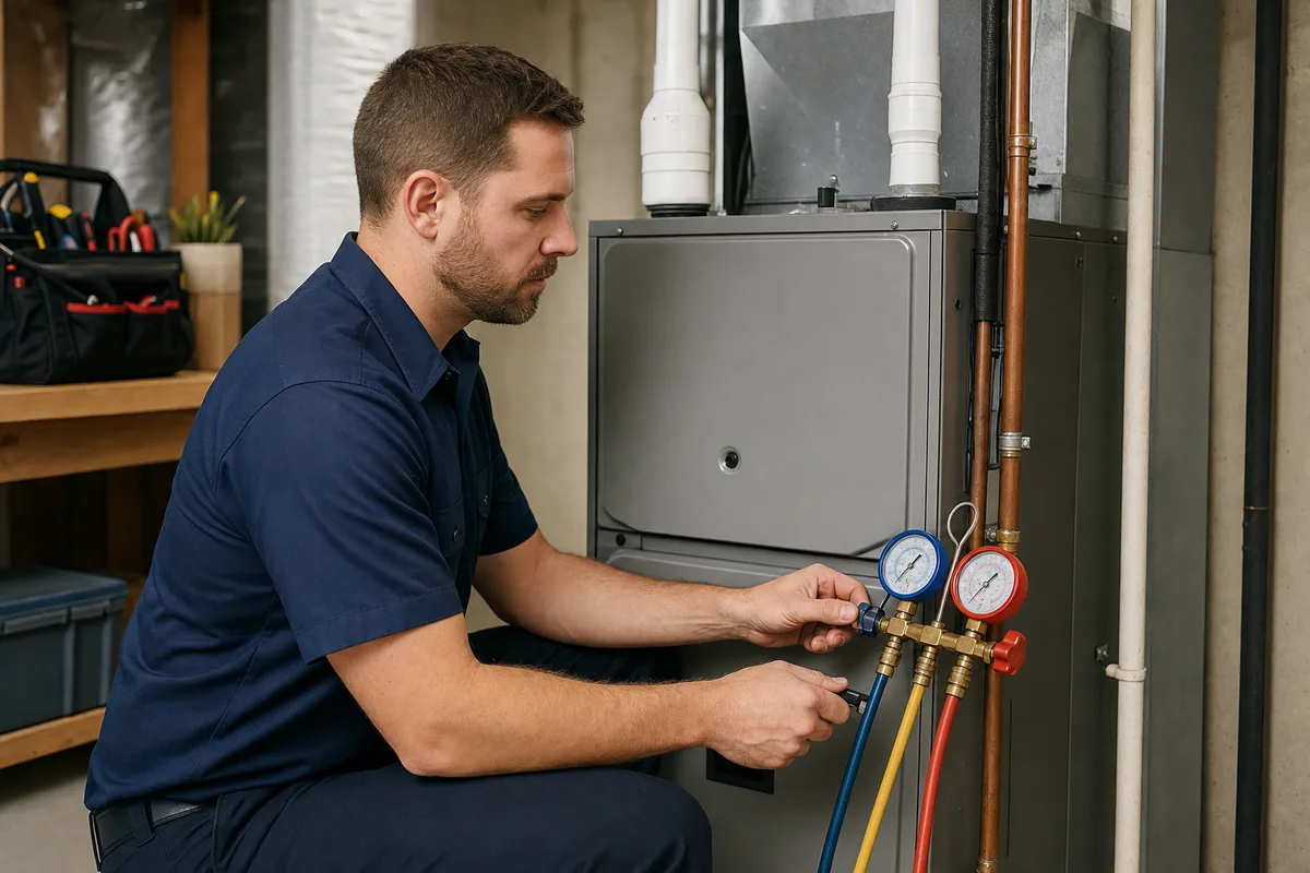 Residential HVAC service—furnace and equipment inspection in a clean utility space.
