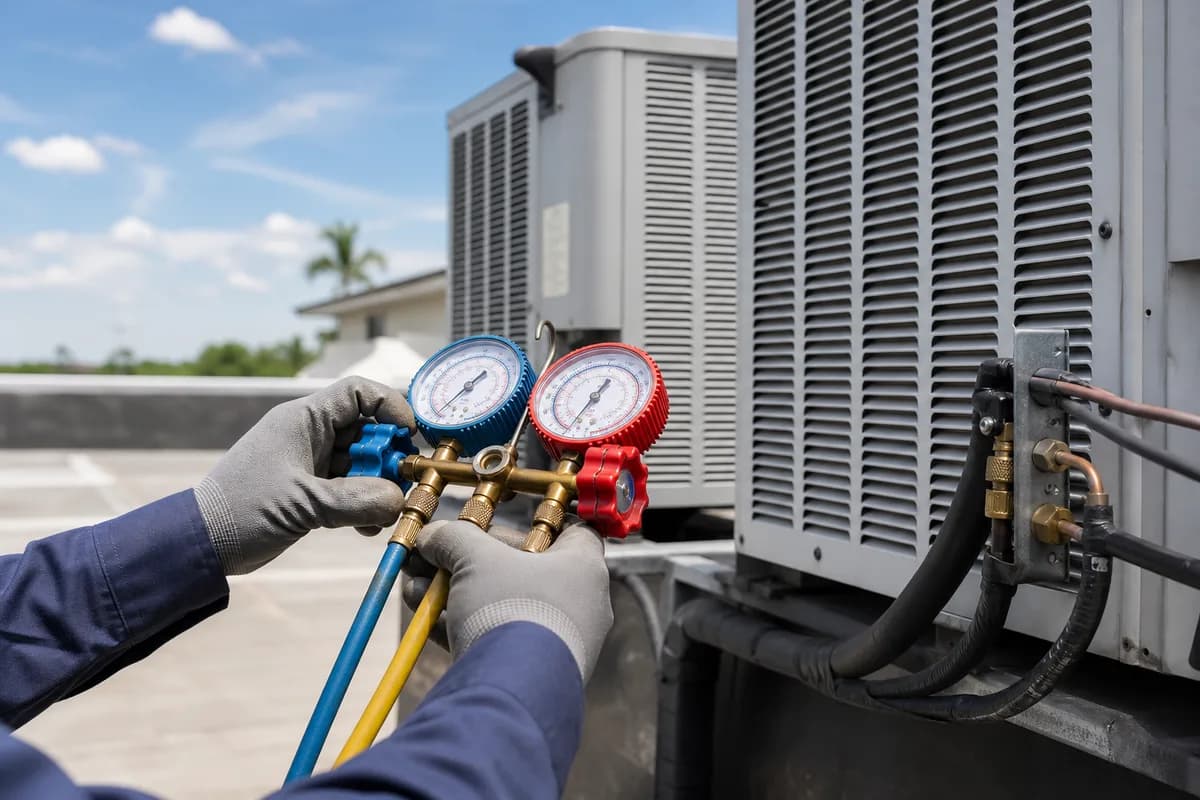 Outdoor AC service—refrigerant gauges and condenser maintenance on location.