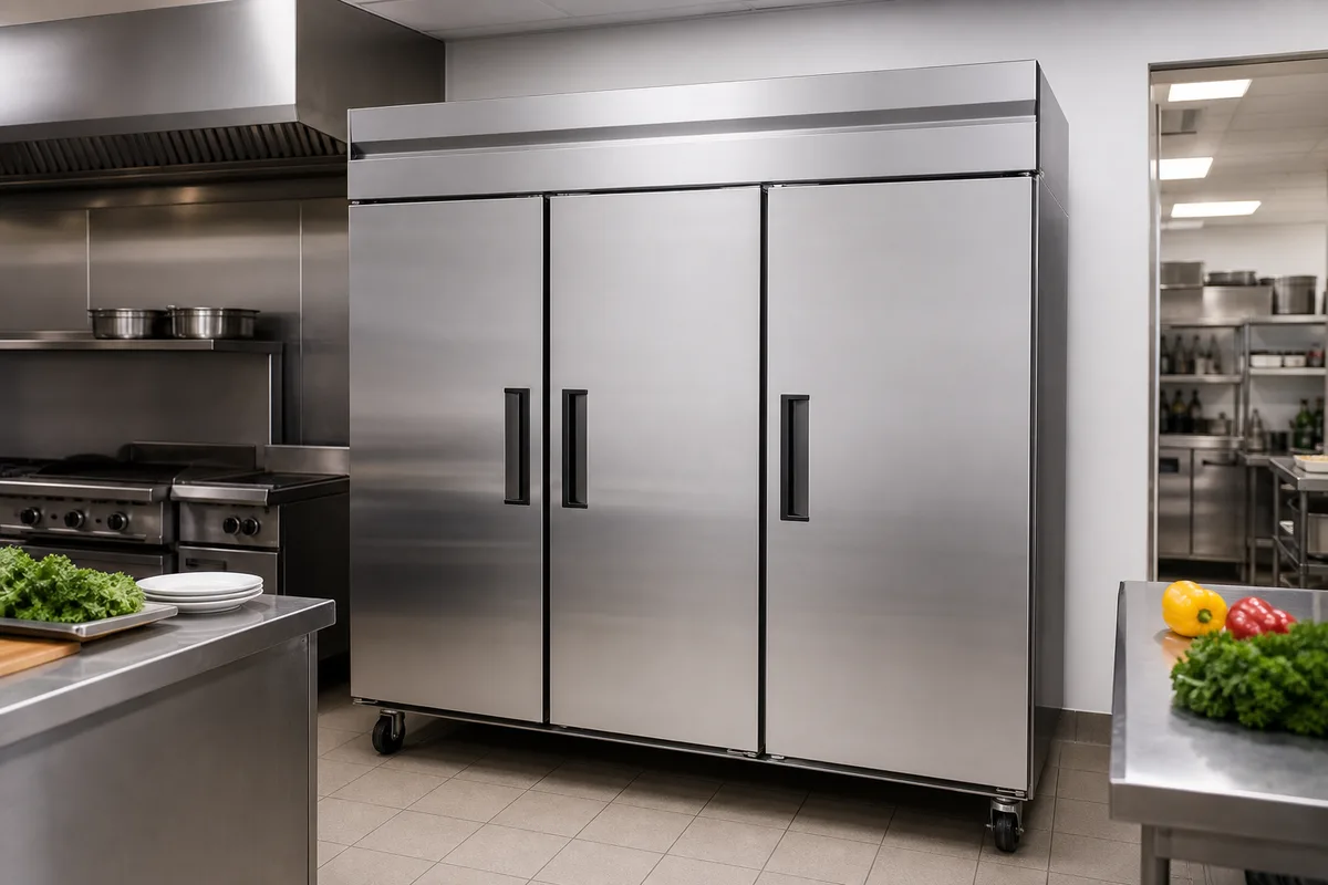 Commercial kitchen—stainless reach-in refrigeration for restaurants and food service.